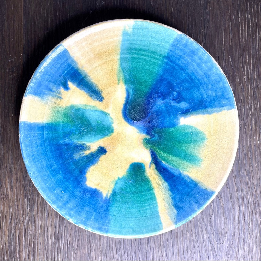 Handmade Pottery 11" Decorative Plate Psychedelic 70s Blue Teal Crazing